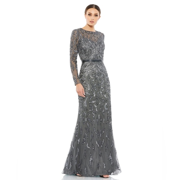 Mac Duggal Dresses Mac Duggal Beaded Long Sleeve Charcoal Gray